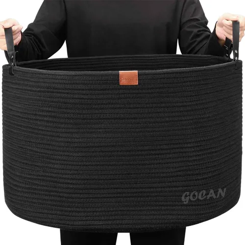 Vista 16 de GOCAN Cesta de almacenamiento extragrande para lavandería, 22 x 22 x 14 pulgadas, cesta tejida de cuerda de algodón para manta con asas para sala