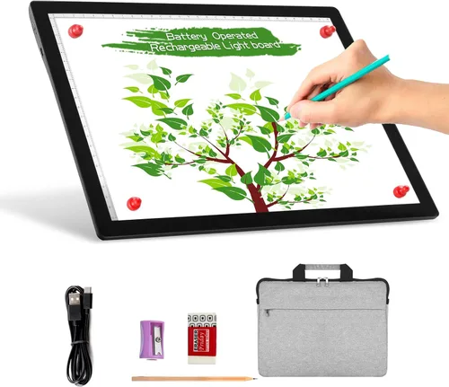 A4 Almohadilla de luz inalámbrica con batería y estuche, TOHETO Caja de luz para trazar con brillo ajustable, luz LED recargable, tablero de copia