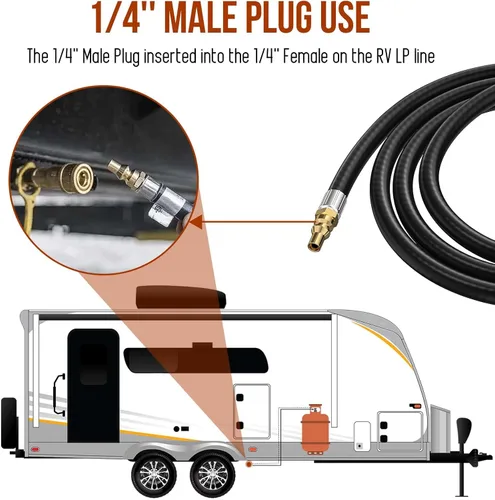 Vista 3 de Manguera de propano RV de conexión rápida de 7 pies con válvula de cierre de seguridad de 1/4 pulgadas y enchufe macho de flujo completo de 1/4