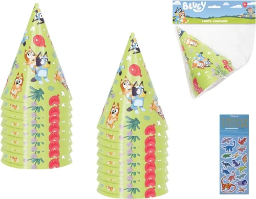 Unique Bluey Birthday Party Supplies Bundle Pack includes Party Cone Hats and 1 Dinosaur Sticker Sheet - 16 Hats