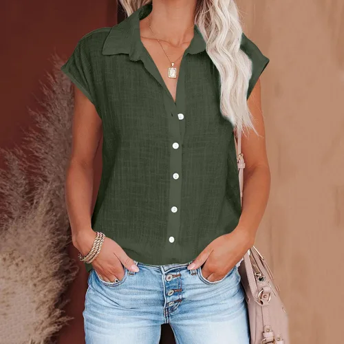 Vista 73 de Ceboyel Camisas para mujer de moda de verano, algodón, lino, manga corta, cuello con botones, blusa casual para mujer 2023