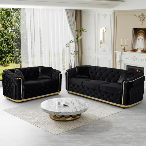 Vista 24 de DAMAIFROM Juego de sofá de terciopelo de lujo beige y dorado, moderno de mediados de siglo, sofás Chesterfield copetudos y patas doradas, juego de 2