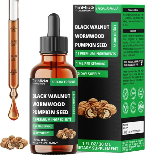 Gotas líquidas de nogal negro 15 en 1 con ajenjo, semillas de calabaza, orégano, ajo, guanábana, berberina, shilajit, canela de Ceilán, cúrcuma y