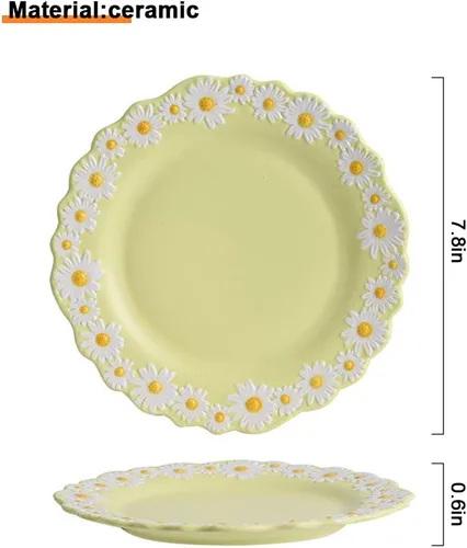 Vista 6 de WAYUTO - Plato plano de cerámica con diseño de margaritas en relieve, plato de postre pequeño con borde de margarita, plato de comedor irregular