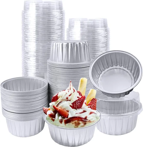 Vista 12 de 100 piezas de tazas de aluminio con tapas, 5 onzas de tazas desechables de ramekin para hornear, forros para magdalenas, mini moldes para tartas