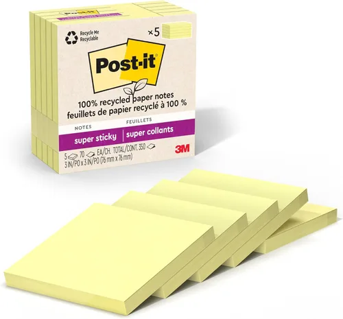 Post-it Notas súper adhesivas de papel 100% reciclado, amarillo canario, 3 pulgadas x 3 pulgadas, 5 blocs de notas adhesivas, 70 hojas por bloc,