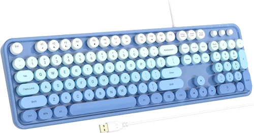 Vista 17 de Atelus Teclado USB con cable con retroiluminación de 7 colores, teclado de tamaño completo con teclas retro, teclado numérico y tecla de acceso