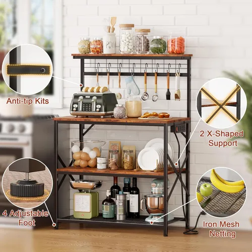 Vista 32 de Furologee Estante para hornear de cocina con toma de corriente, soporte para horno de microondas con almacenamiento de 4 niveles, mesa de café con 6