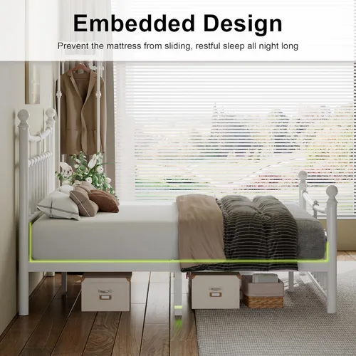 Vista 7 de Feonase Base de cama de plataforma de metal tamaño Queen con cabecero y estribo de hierro artístico, listones de acero endurecido, almacenamiento