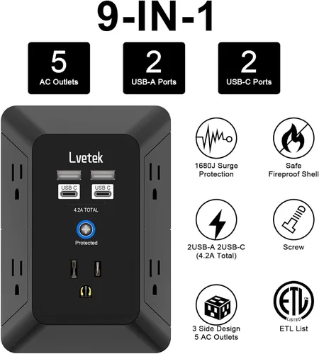 Vista 2 de Extensor de tomacorriente, protector de sobretensiones con 5 enchufes múltiples y 4 puertos USB (2 USB C), cargador de pared de regleta