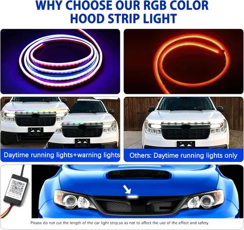 Vista 6 de DREAMIZER Tira de luz LED de 94" RGB para capó de coche, tira de luz LED multicolor exterior, luces LED dinámicas impermeables y flexibles