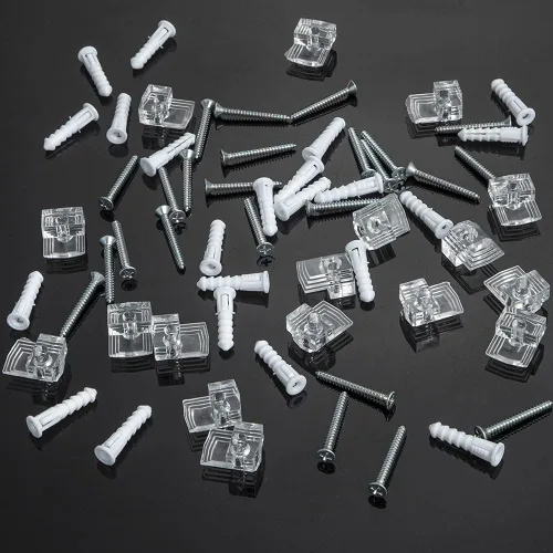 Vista 3 de Kit de clips de soporte de espejo, paquete de 48 ganchos de plástico transparente para espejos, kit de clips de retención de vidrio con tornillos
