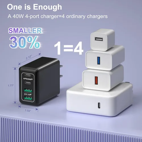 Vista 4 de Bloque de cargador USB C, paquete de 3 cargadores de pared USB C de 40 W de 4 puertos de carga rápida adaptador de corriente PD de doble puerto+QC