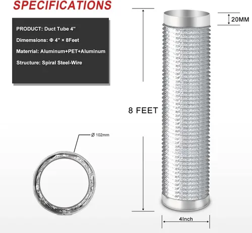 Vista 4 de Manguera de ventilación de secadora de 4 pulgadas y 8 pies, conductos de 4 pulgadas, conducto flexible de papel de aluminio, con 2 abrazaderas