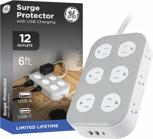 Vista 9 de GE UltraPro - Protector de sobretensión, 6 salidas, cable de extensión trenzado, enchufe plano, cable de alimentación largo, montaje en pared 2