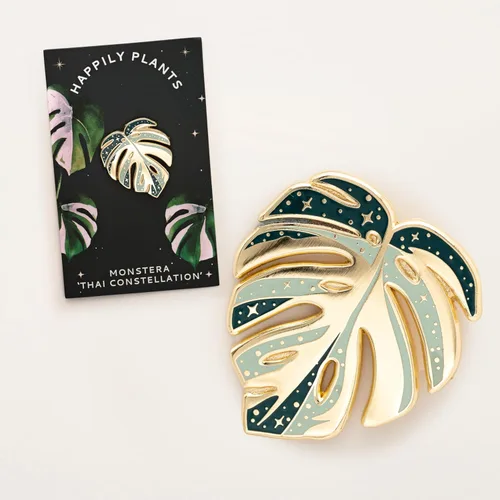 Vista 2 de EL ORIGINAL - Pin de Solapa Monstera Deliciosa Thai Constellation Variegada, Albo Variegata, Regalos de Plantas, Pin de Hoja de Planta Esmaltada