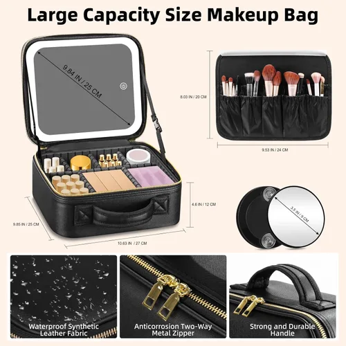 Vista 4 de Estuche de Maquillaje de Tren con Espejo y Luz de 3 Colores Ajustar Brillo, Bolsa de Maquillaje con Espejo Estuche de Cosméticos Recargable