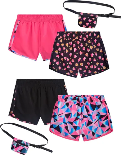 Girls Athletic Shorts - 4 Pack Performance Gym Shorts for Outdoor Activities with Fanny Pack - Size Up for Better Fit