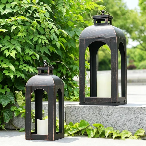 Linterna LED decorativa para exteriores e interiores, juego de 2 (43 cm y 33 cm) linternas de metal negro decorativas, vintage, para colgar Negro