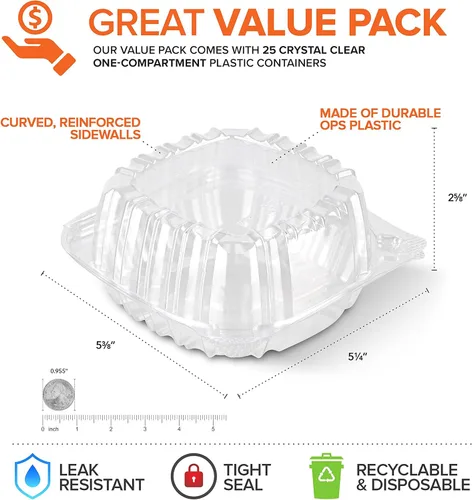 Vista 2 de Stock Your Home - Envase de plástico para llevar alimentos y postres, 25 unidades de 5 x 5 pulgadas, envases de plástico con bisagras, desechables