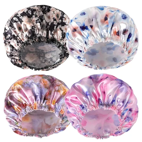 Vista 21 de Gorras de ducha para mujer, 4 piezas de gorros de baño elásticos y reutilizables, gorro de ducha de doble capa reutilizable e impermeable, gorros