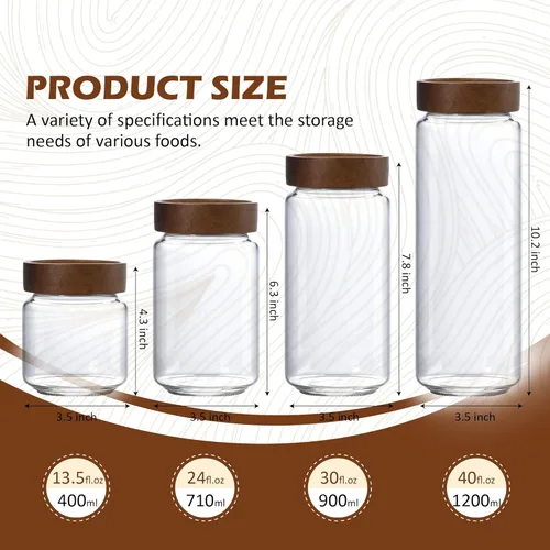 Vista 5 de Tarro de vidrio de 24 fl oz/710 ml con tapa de rosca de madera hermética, recipiente de almacenamiento de alimentos apilable transparente