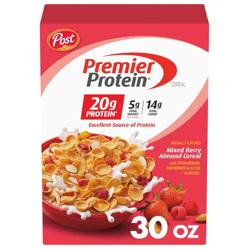 Vista 14 de Post Premier Protein - Cereal de almendras con bayas mixtas, cereales ricos en proteínas, desayuno o aperitivo rico en proteínas hecho con bayas