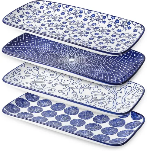 Vista 12 de Selamica Juego de 4 platos de ensalada rectangulares de cerámica, platos pequeños para servir aperitivos, sushi, frutas, varios