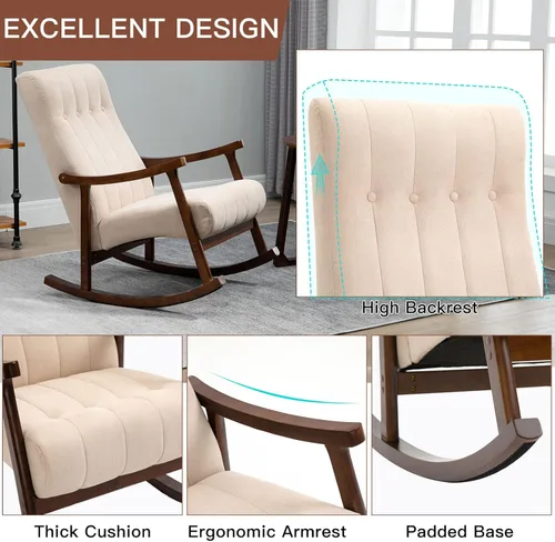 Vista 5 de AVAWING Silla mecedora tapizada con asiento acolchado de tela, cómoda balancín de madera maciza para sala de estar, silla moderna de respaldo alto