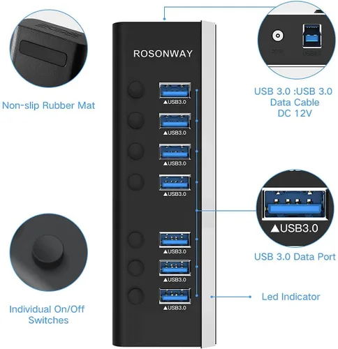 Vista 7 de Hub USB 3.0 alimentado Rosonway de aluminio con 7 puertos USB 3.0 Divisor de datos con adaptador de alimentación de 24W (12V/2A) y interruptores