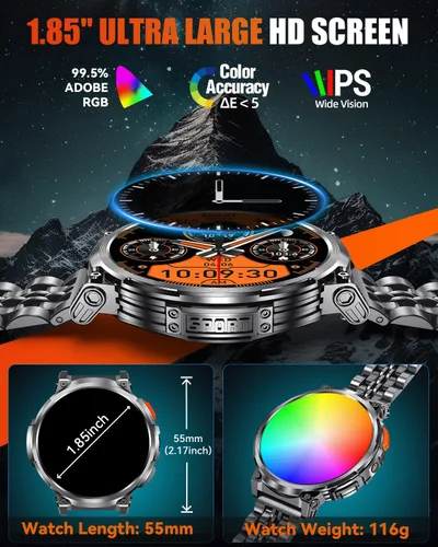 Vista 3 de Military Smart Watches for Men with Bluetooth Call, 1.85" HD Screen Waterproof smartwatch with Flashlight, 114 Sport Modes, 730mAh Heart