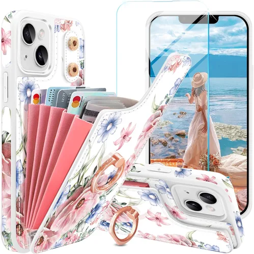 Funda tipo cartera para iPhone 13/14 [con soporte de anillo Floral