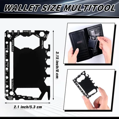 Vista 2 de Cholemy 12 carteras para tarjetas de crédito, multiherramienta 46 en 1, herramienta de bolsillo de supervivencia de acero inoxidable multiusos, Negro