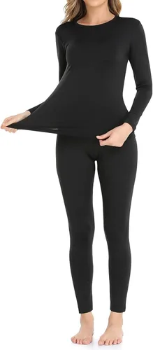 9M Ropa interior térmica de forro polar ultra suave para mujer, conjunto de parte superior e inferior de capa base Negro