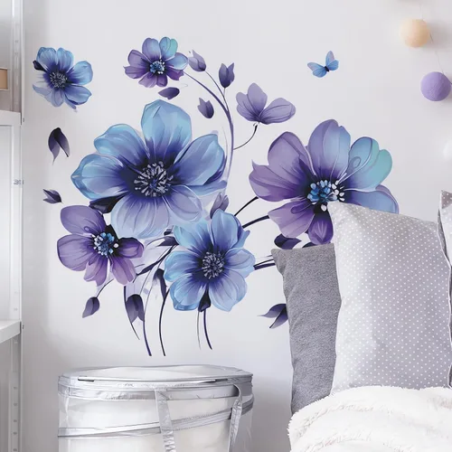 Adhesivos de pared de flores de margaritas de tinta azul-morado, diseño floral de mariposa de sacinora calcomanías de pared removibles de vinilo