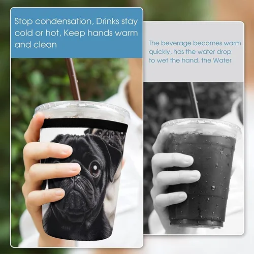 Vista 5 de Cute Black Pug Dog Reusable Insulated Neoprene Iced Coffee Cup Sleeves 3 Sizes Diving Material Cup Durable Beverage Covers for Cold Coffee Tea Drinks