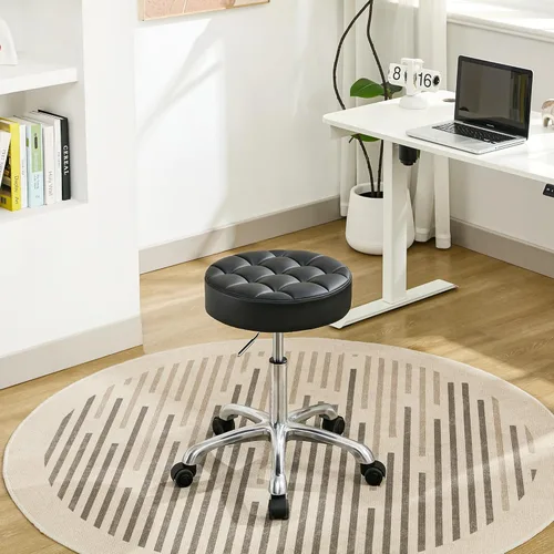 Vista 8 de FIRAVOE Taburetes de trabajo con ruedas (capacidad de 300 libras) (base de aluminio resistente), taburetes de salón de cuero negro (negro)