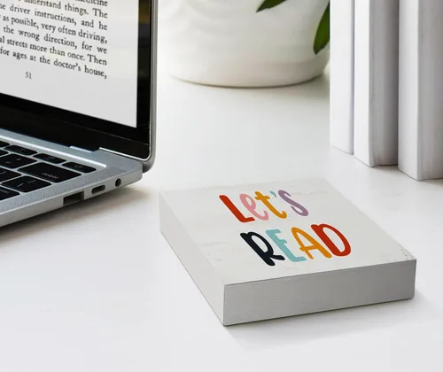 Vista 3 de Letrero de madera con texto en inglés "Let's Read", decoración de escritorio para el hogar, aula, rincón de lectura, sala de lectura, decoración