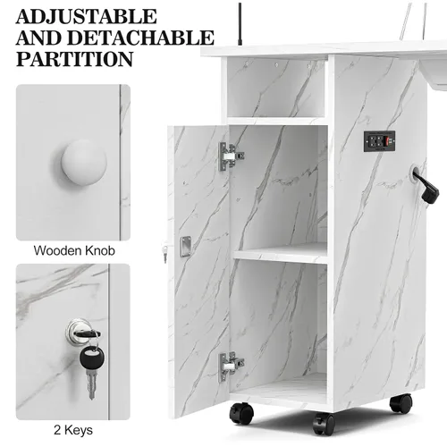 Vista 6 de Estación de manicura para uñas con estación de carga, textura marmoleada, estación de mesa de uñas con colector de polvo, tomas de corriente