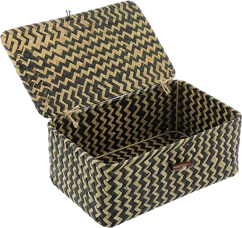 Vista 23 de Hipiwe Cesta de mimbre extra pequeña con tapa, cestas de almacenamiento de hierba marina natural, caja organizadora para el hogar, cesta