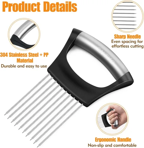 Vista 3 de Soporte de cebolla para rebanar, cortador de cebolla de acero inoxidable, soporte para rebanar cebollas con cubierta protectora, picador de verduras