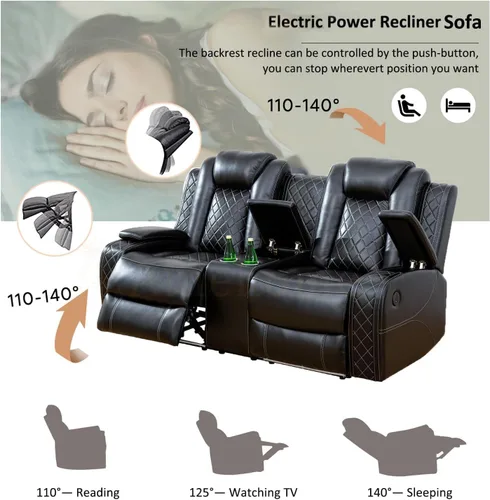 Vista 4 de Juego de sofá reclinable eléctrico multifunción con luz LED, consola de almacenamiento, portavasos, puerto de carga USB (3 piezas, negro)