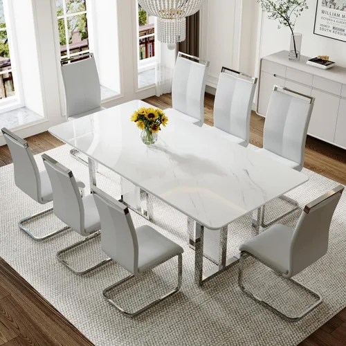 Vista 24 de Juego de mesa de comedor MEMUY de 160 cm para 4 personas, juego de mesa de comedor blanco para 4, juego de mesa y sillas de comedor de mármol