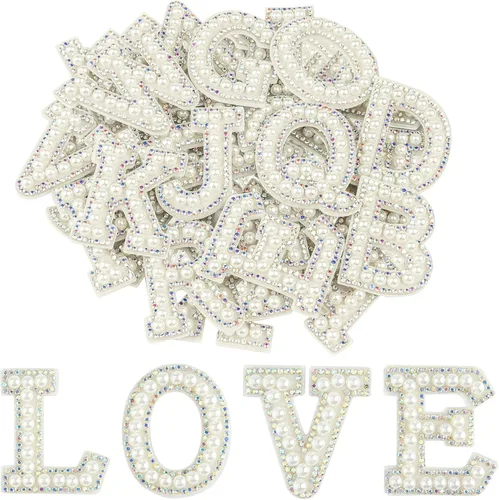 Vista 9 de Morcheiong 26 piezas de parches de letras con diamantes de imitación de perlas autoadhesivas A-Z, parches de letras de perlas para pegar en ropa