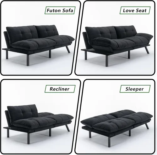 Vista 5 de Sofá cama tipo futón de terciopelo moderno de 70 pulgadas, sofá cama convertible con respaldos ajustables y reposabrazos plegables para sala de Negro