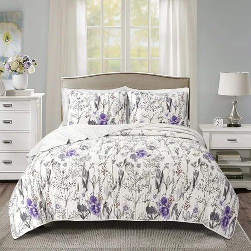 Vista 4 de Lush Decor Adalia - Juego de edredón reversible de algodón, tamaño Queen, 3 piezas, tamaño matrimonial/queen, morado y gris, juego de ropa de cama