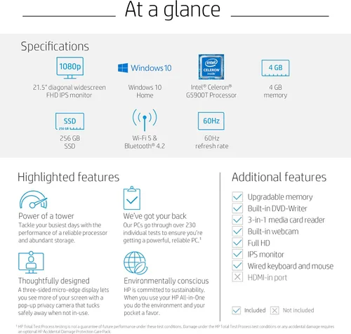 Vista 8 de HP PC todo en uno WLED Full HD de 22-DF de 21,5 pulgadas Intel Celeron G5900T 4 GB 256 GB SSD Win 10