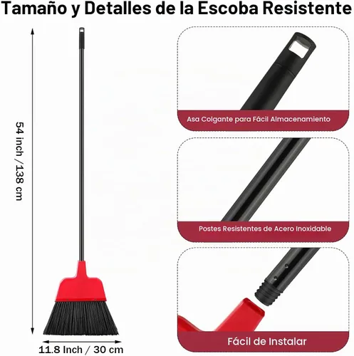 Vista 3 de 8 escobas para exteriores para limpieza de suelos de 54 pulgadas, escoba comercial resistente, mango largo, escobas angulares para barredora Negro