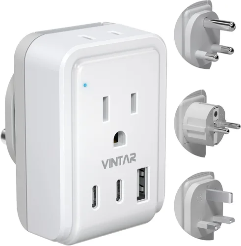 Vista 16 de VINTAR - Kit de adaptador de viaje universal, adaptador de enchufe internacional con 3 puertos USB (2 USB C, 3.4 A) y 2 salidas americanas, tipo A