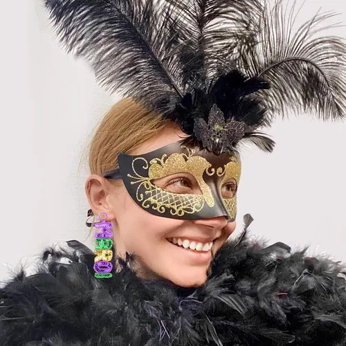 Vista 3 de Aretes de Mardi Gras con cuentas de Mardi Gras para mujeres y niñas, aretes de carnaval, joyería para desfile de carnaval, regalos de vacaciones